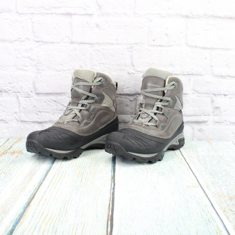 Merrell Snowbound Mid Gray Leather Faux Fur Waterproof Snow Boots US 7.5 - Picture 2 of 9